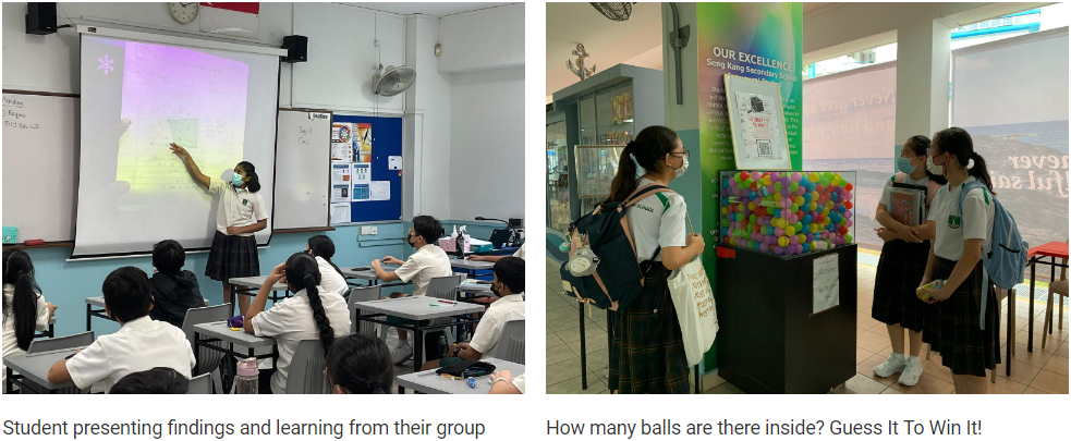 Two school scenes: a student presenting to classmates, and students viewing a colorful ball-filled display at an exhibit.